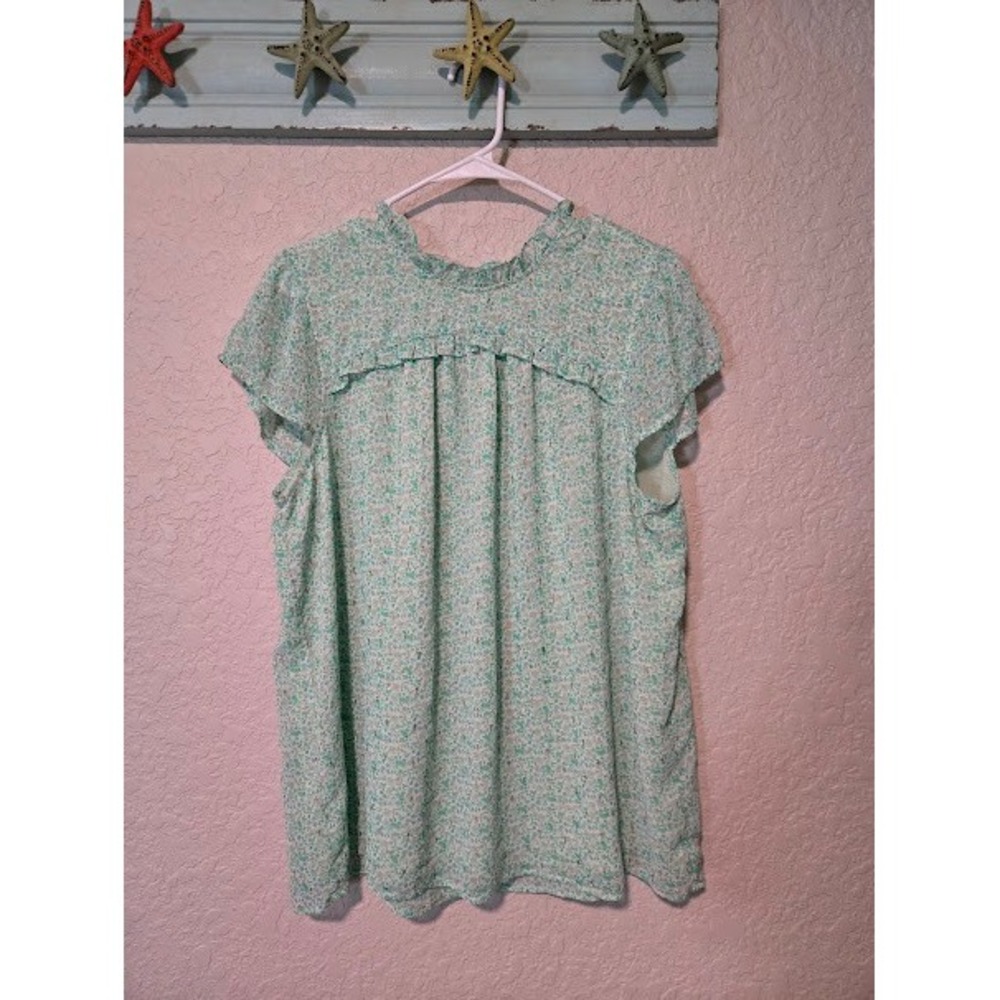 Joie Floral Ruffle Neck Blouse Mint Green Metallic Gold Flutter Sleeve XL